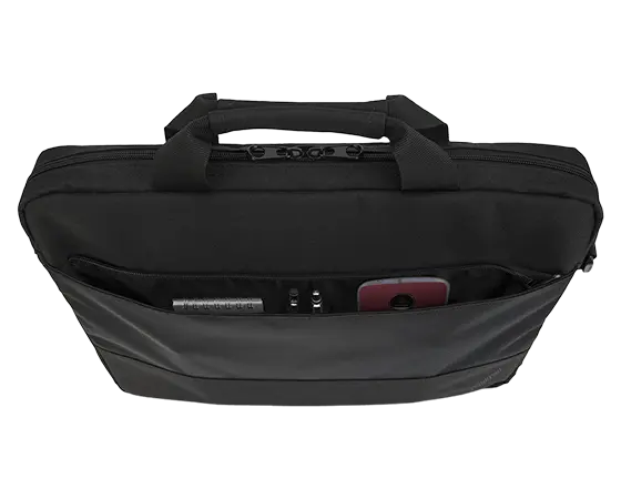 Schwarze Laptoptasche mit Griff und Fronttaschen.