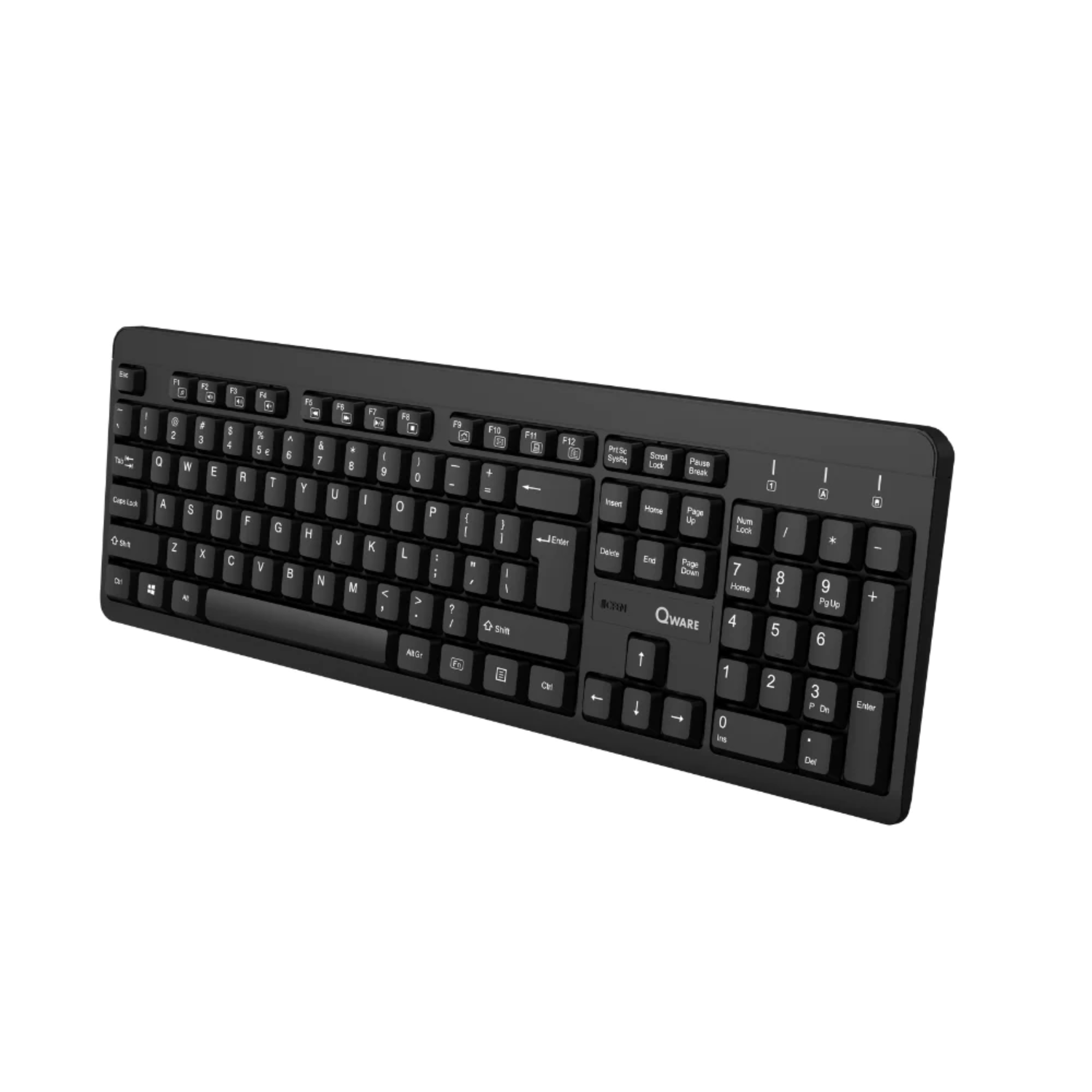 Zwart QWARE-toetsenbord, geïsoleerd op wit, met toetsen.