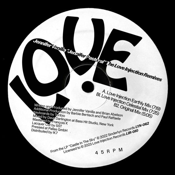 Vinyl-Schallplattenlabel mit dem Wort "LOVE" in großen Buchstaben. Weißer Hintergrund mit Text.