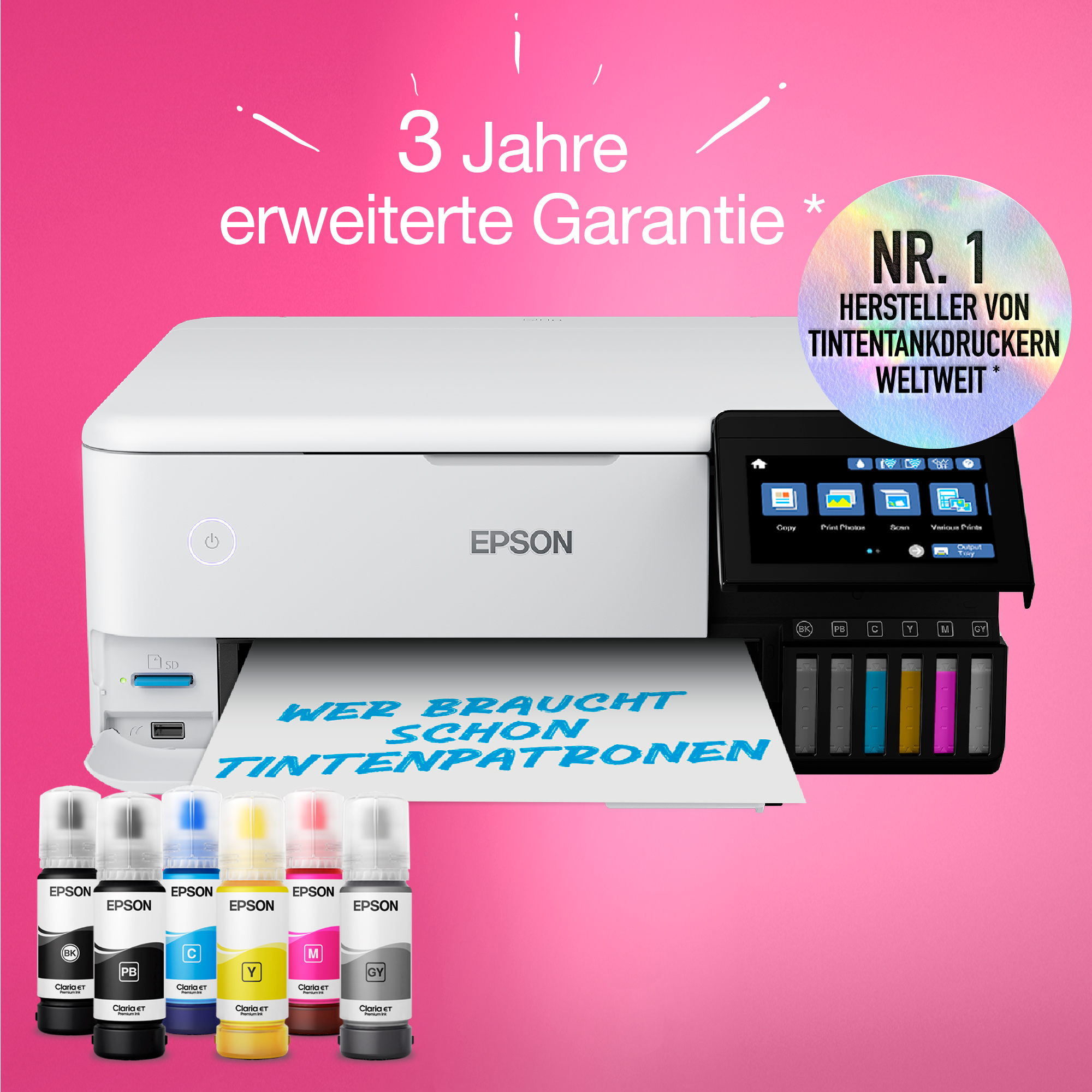 Weißer Drucker mit Bildschirm, Tintenpatronen daneben, pinker Hintergrund mit Schrift.