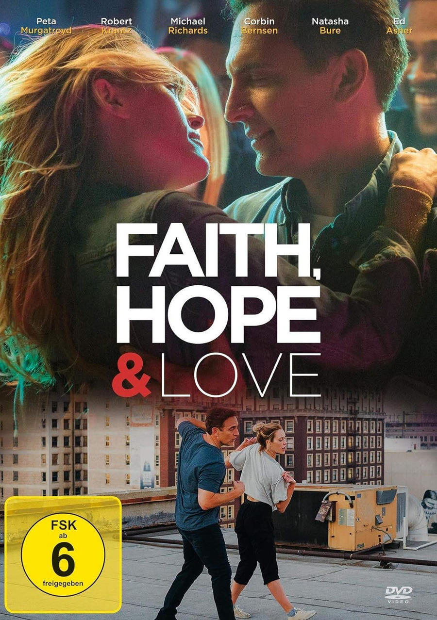 Filmplakat: Pärchen tanzt auf Dach, über ihnen Titel "Faith, Hope & Love".