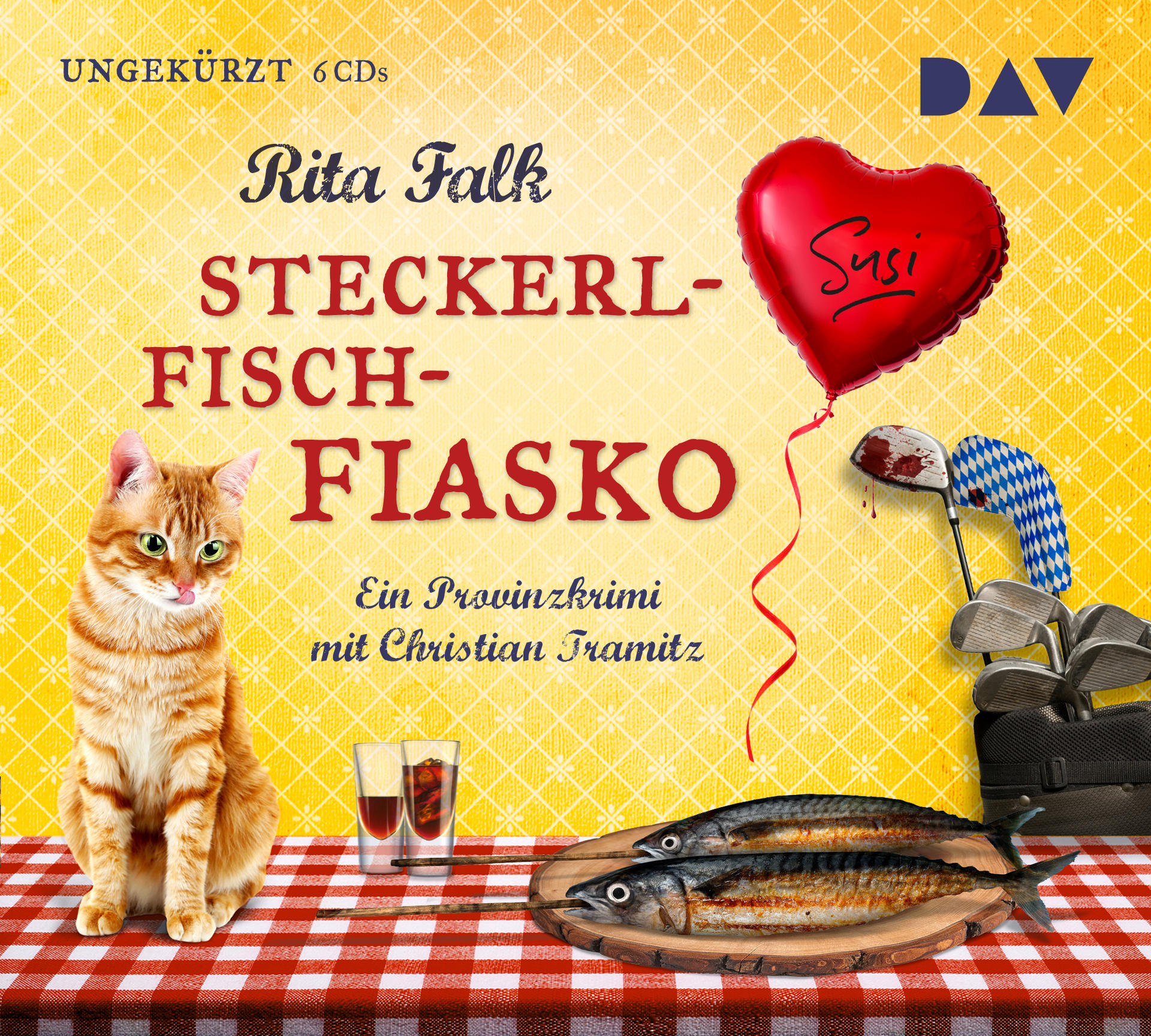 Buchcover mit Katze, Fisch und rotem Ballon. Text: Steckerlfisch-Fiasko.