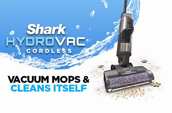 Saugwischer reinigt sich selbst, Text: 'Vacuum Mops & Cleans Itself'.