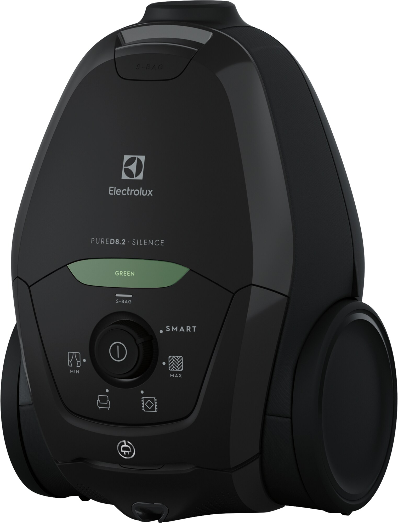 Aspirateur Electrolux noir. Bouton d'alimentation vert. Vue de face. Le nom du modèle est sur l'appareil.
