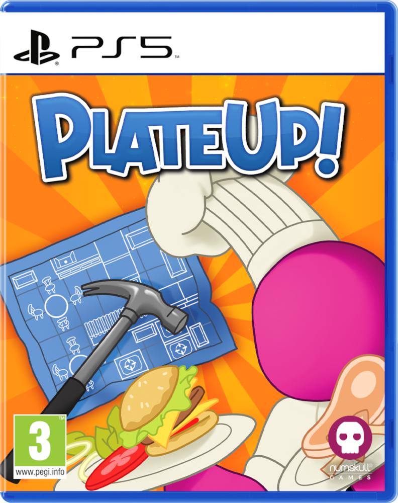 PlateUp! PS5 játék borítója szakáccsal, tervrajzzal, kalapáccsal, burgerrel és Numskull Games logóval. Narancssárga háttér, kék tok.