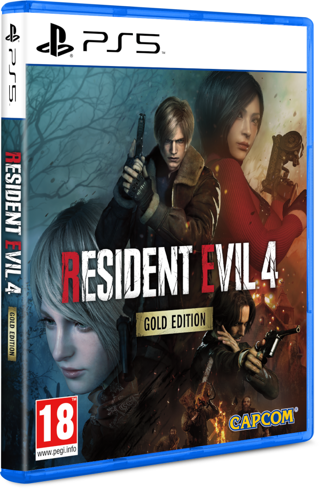 Egy PS5 Resident Evil 4 Gold Edition játékdoboz karakterképekkel.