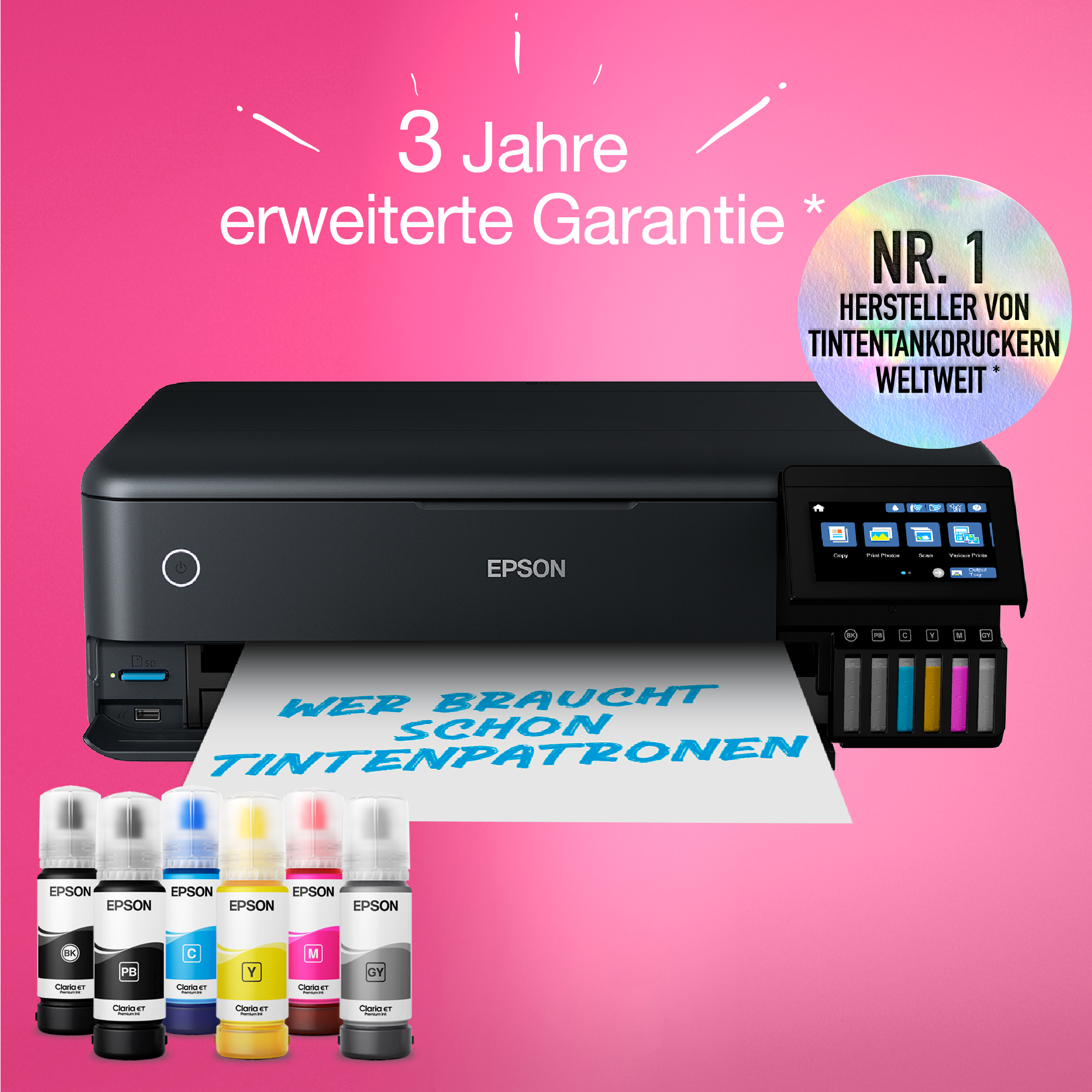 Epson Drucker mit Text über Tintenpatronen, mit einem rosa Farbverlauf im Hintergrund.