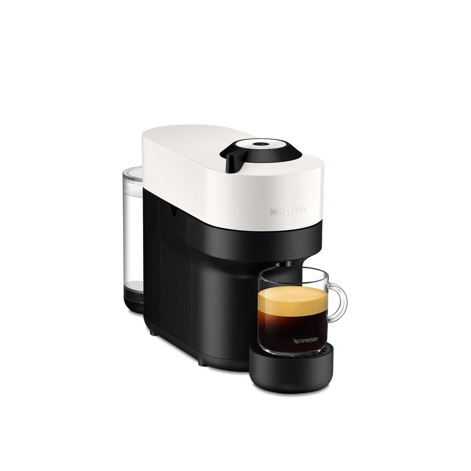 Czarno-biały ekspres do kawy ze szklanką kawy.