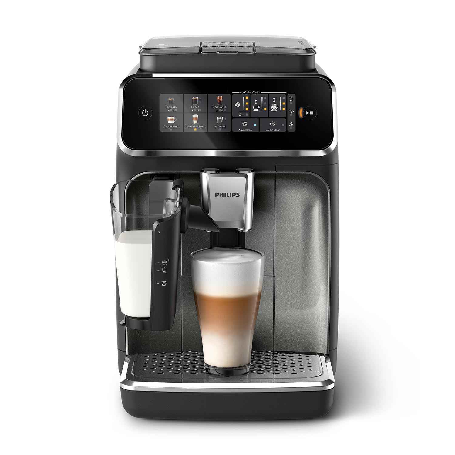 Macchina da caffè Philips nera con montalatte, che mostra un latte sulla parte anteriore.