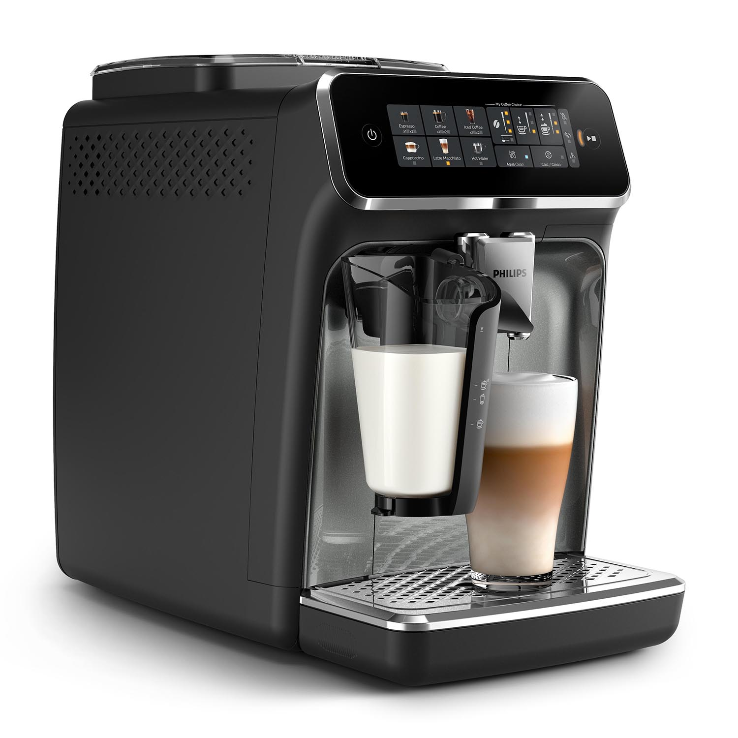 Macchina da caffè Philips nera con schiumatore di latte e due bicchieri, uno con latte, l'altro con caffè.