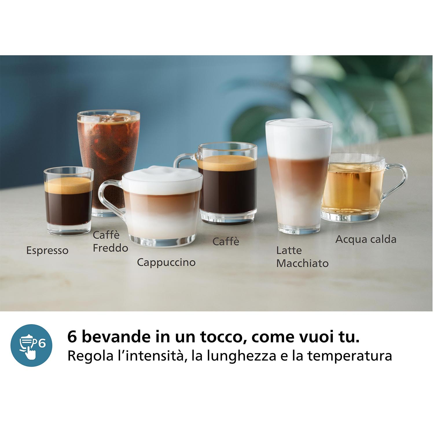 Varie bevande al caffè in bicchieri con etichette in italiano e un invito per 6 opzioni.