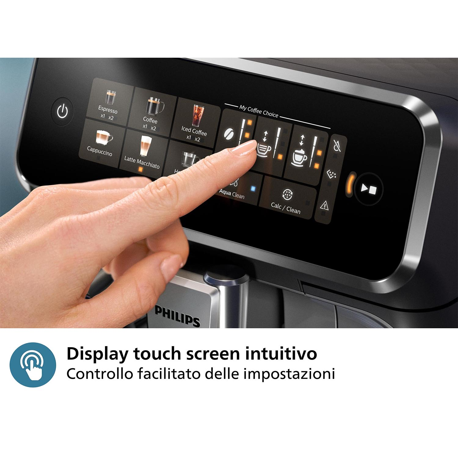 Un dito tocca l'interfaccia touchscreen di una macchina da caffè.