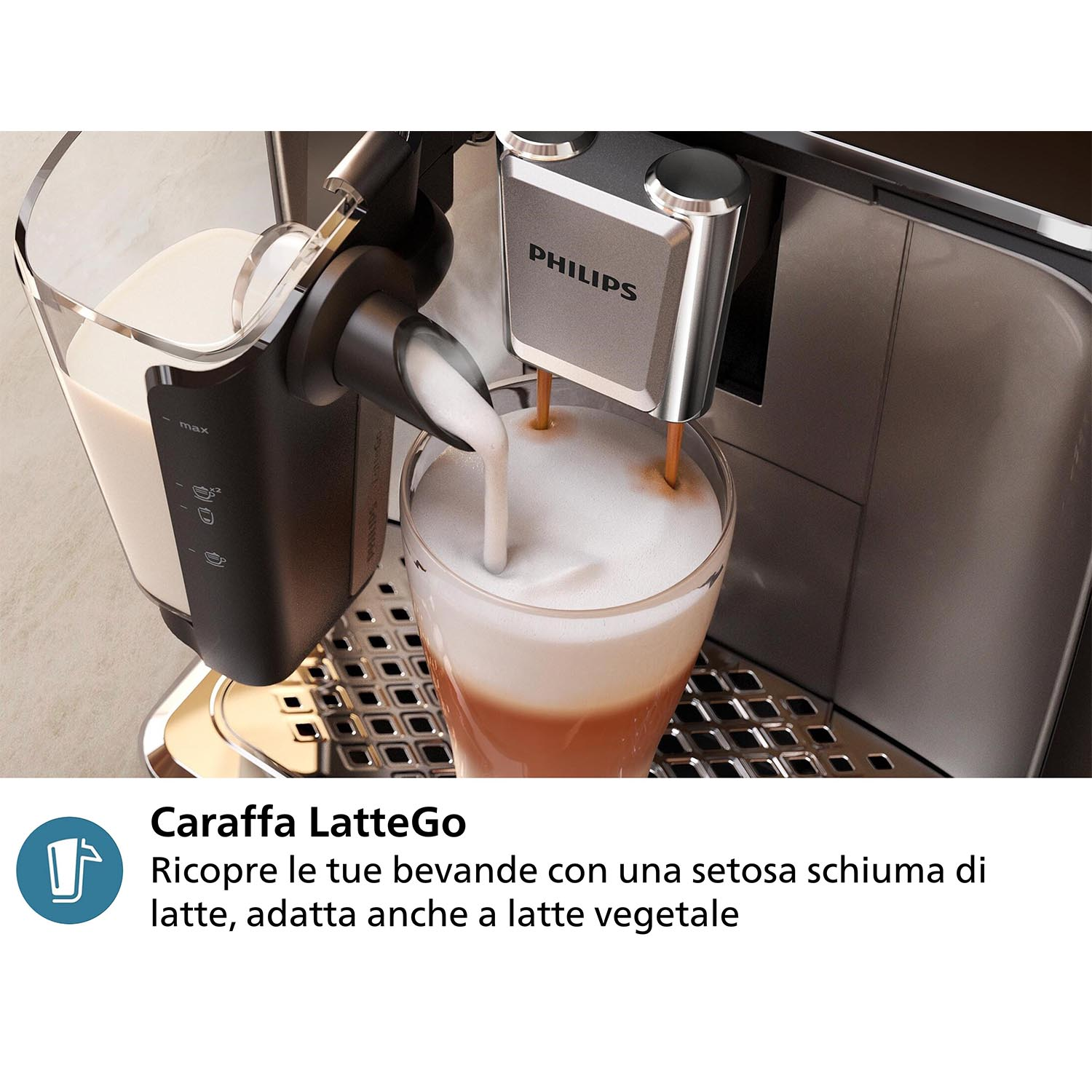 Macchina da caffè che versa latte in un bicchiere, con testo sotto.