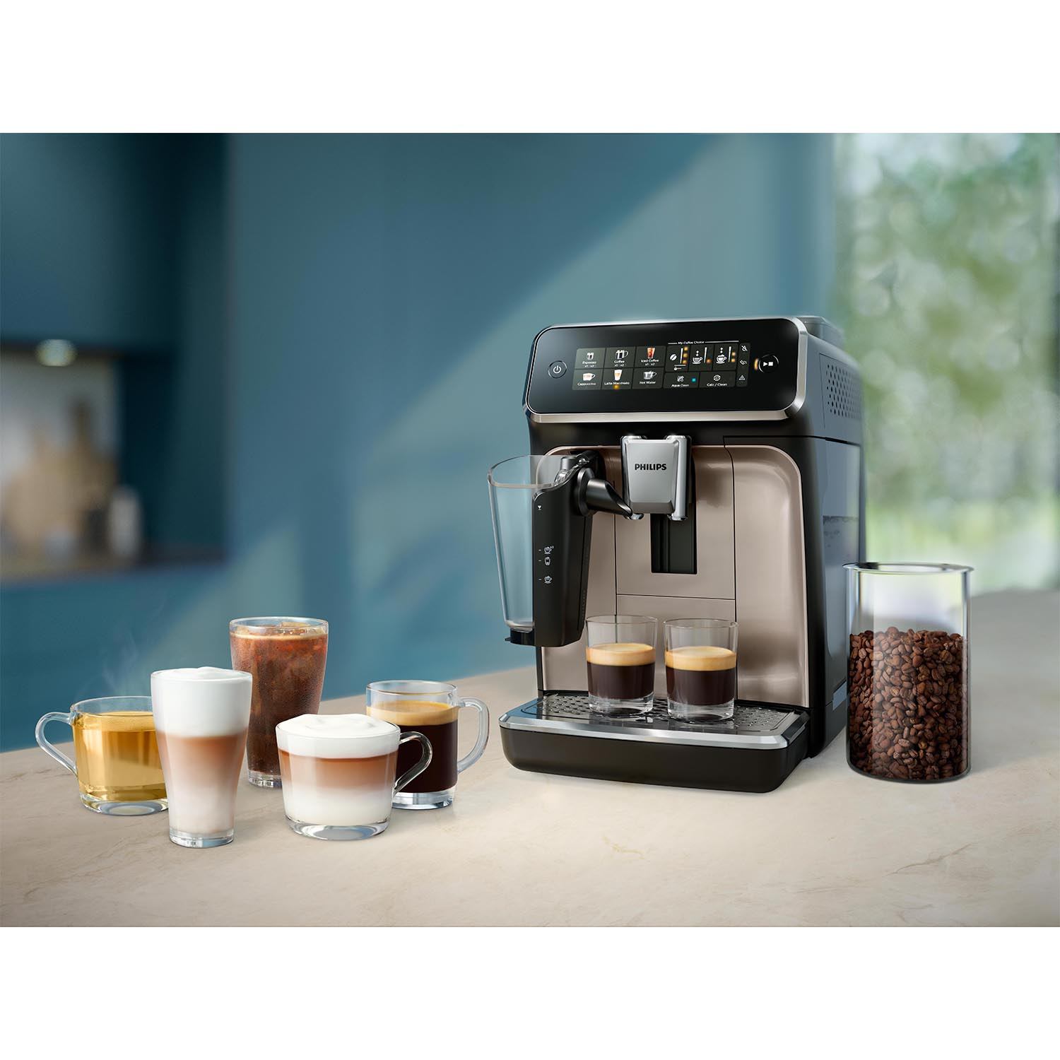 Macchina da caffè Philips con varie bevande al caffè e chicchi sul bancone.