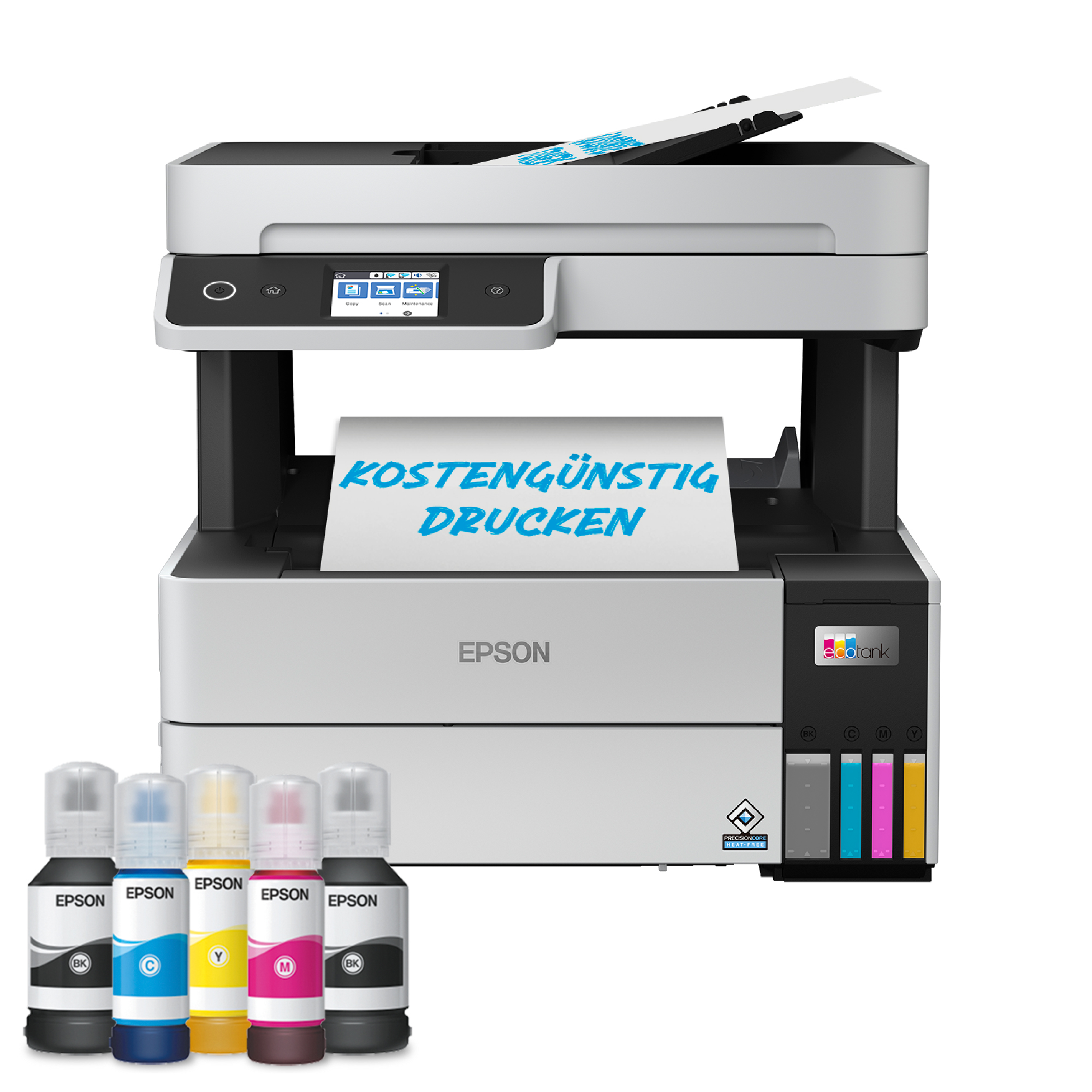 Epson-Drucker mit Tintenflaschen davor und dem Text 'KOSTENGÜNSTIG DRUCKEN'.