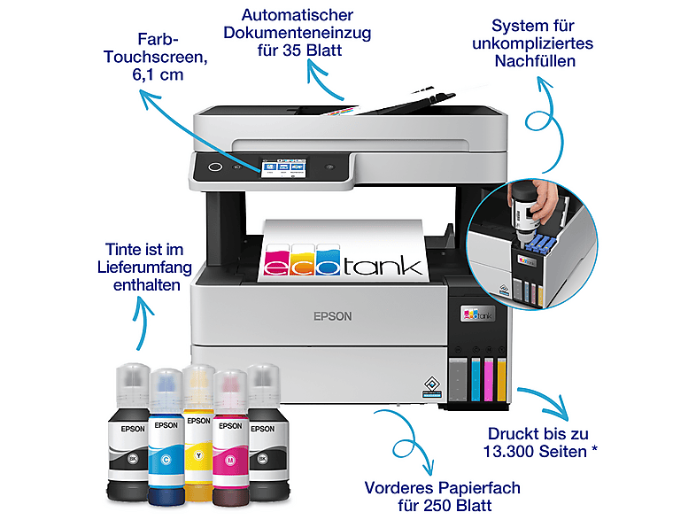 EPSON EcoTank ET-5150, 3in1 Tintentank-Multifunktionsdrucker, nachfüllbare Tintentanks, DIN A4, Duplex, ADF, Papierkassette, W-LAN, Ethernet, Touchdisplay — Foto 2 von 5