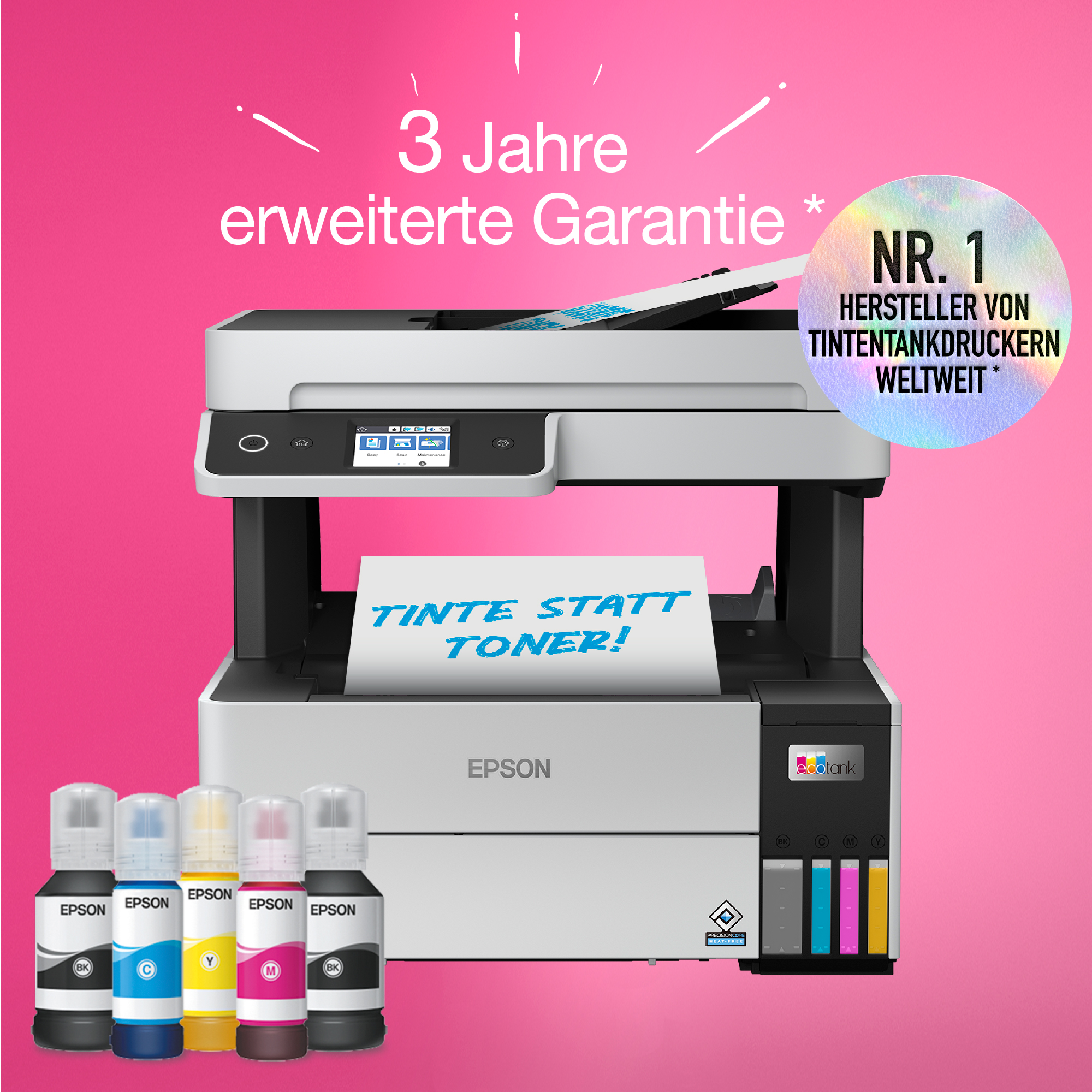 Epson-Drucker mit Tintenflaschen und Text: Tinte statt Toner! auf pinkem Hintergrund.