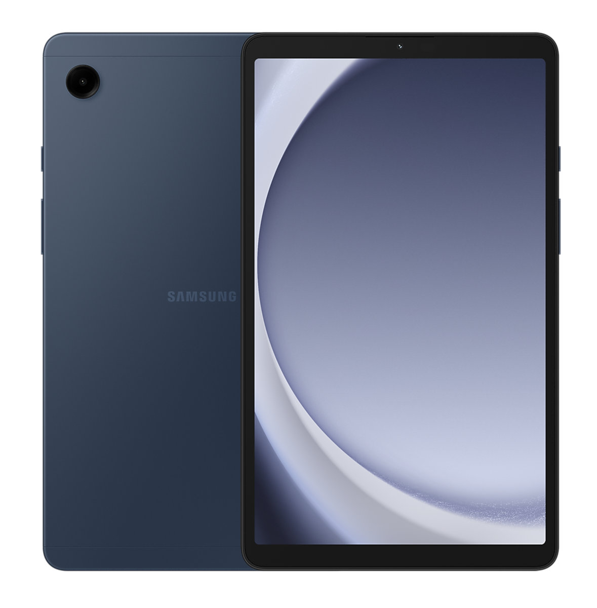 Niebieski tablet jest po lewej stronie, a jego tył jest widoczny. Przód jest po prawej.