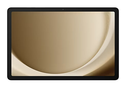 Tablet z czarną ramką i złotym, abstrakcyjnym tłem na ekranie.