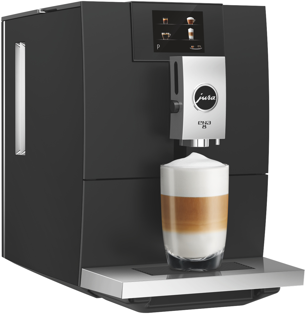 Fekete Jura Ena 8 kávéfőző, latte macchiatóval átlátszó pohárban.