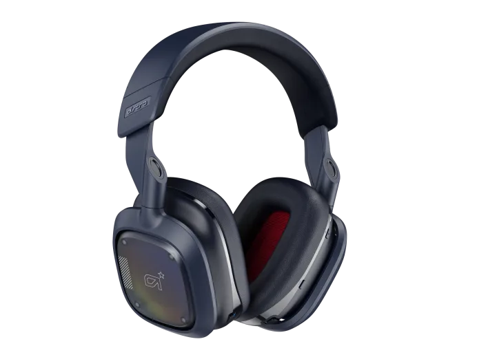 Kék és fekete Astro gaming headset, közeli kép.