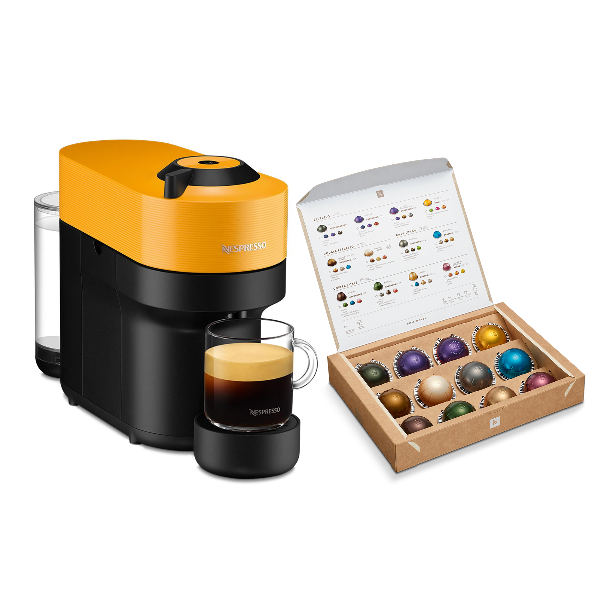 Ekspres do kawy z filiżanką kawy i pudełkiem kapsułek do kawy.