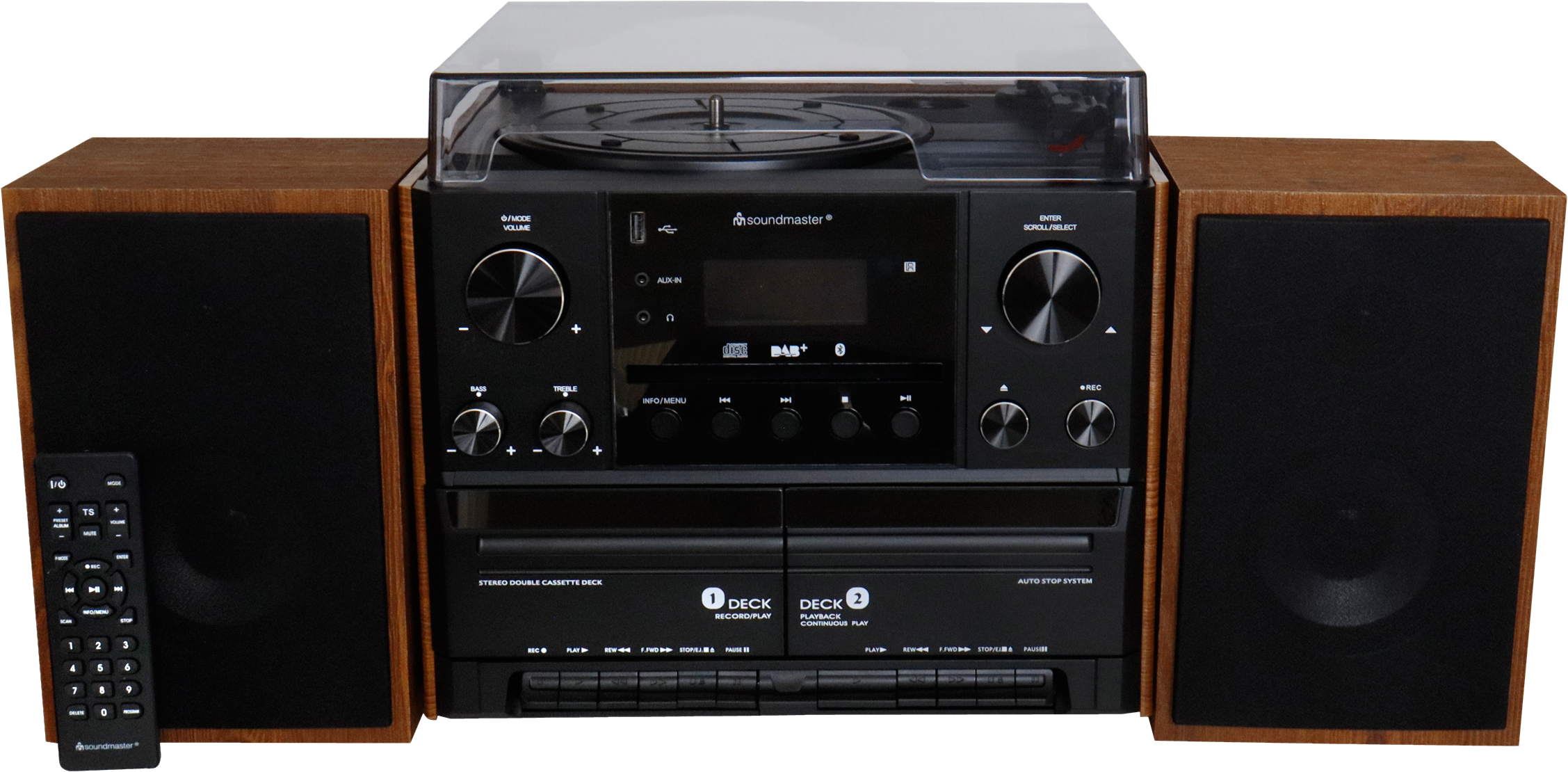 Un impianto stereo con lati in legno, centro nero e un telecomando.