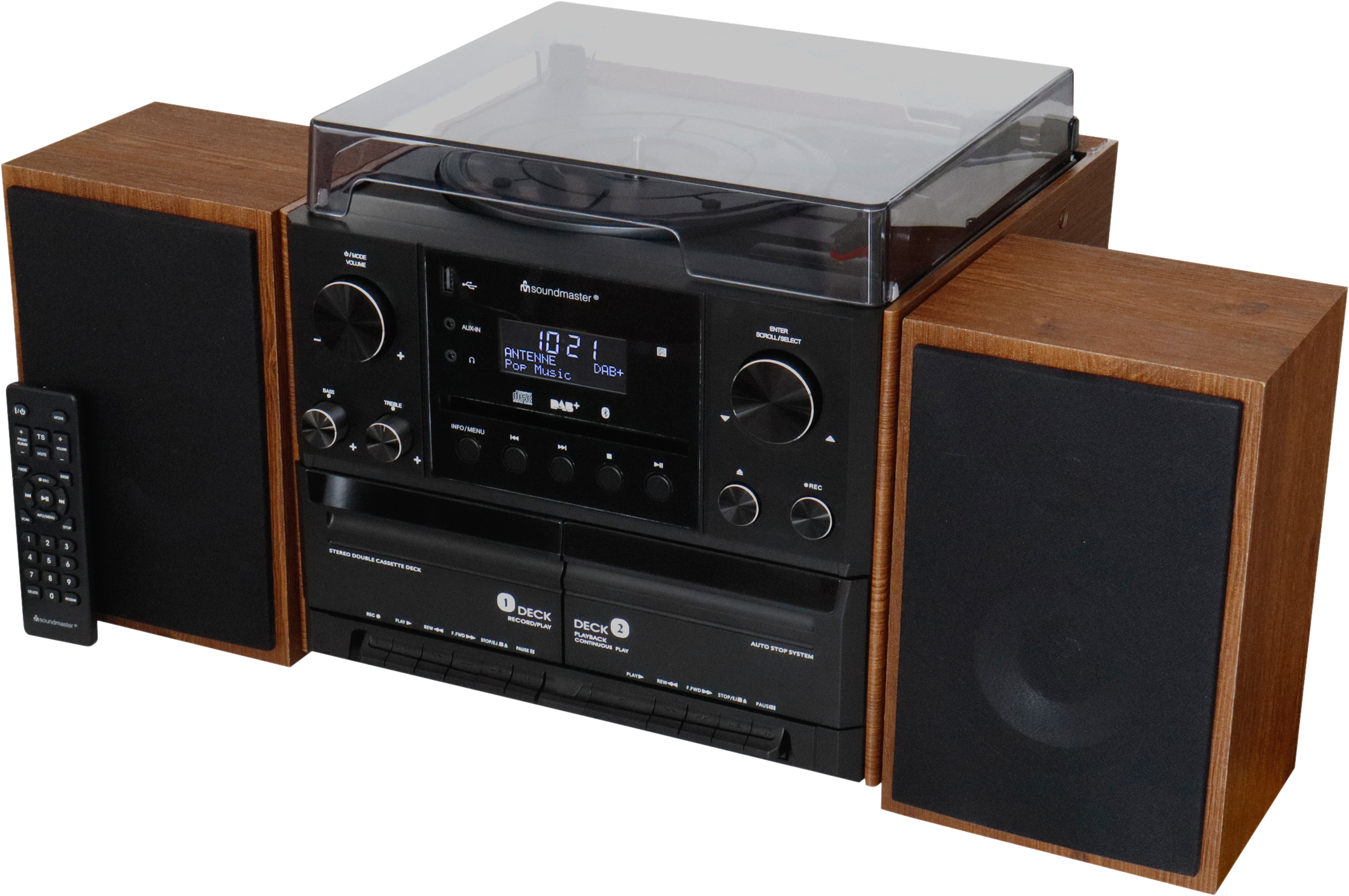 Un impianto stereo con due altoparlanti, un giradischi e un lettore di cassette. Il pulsante di accensione è acceso.
