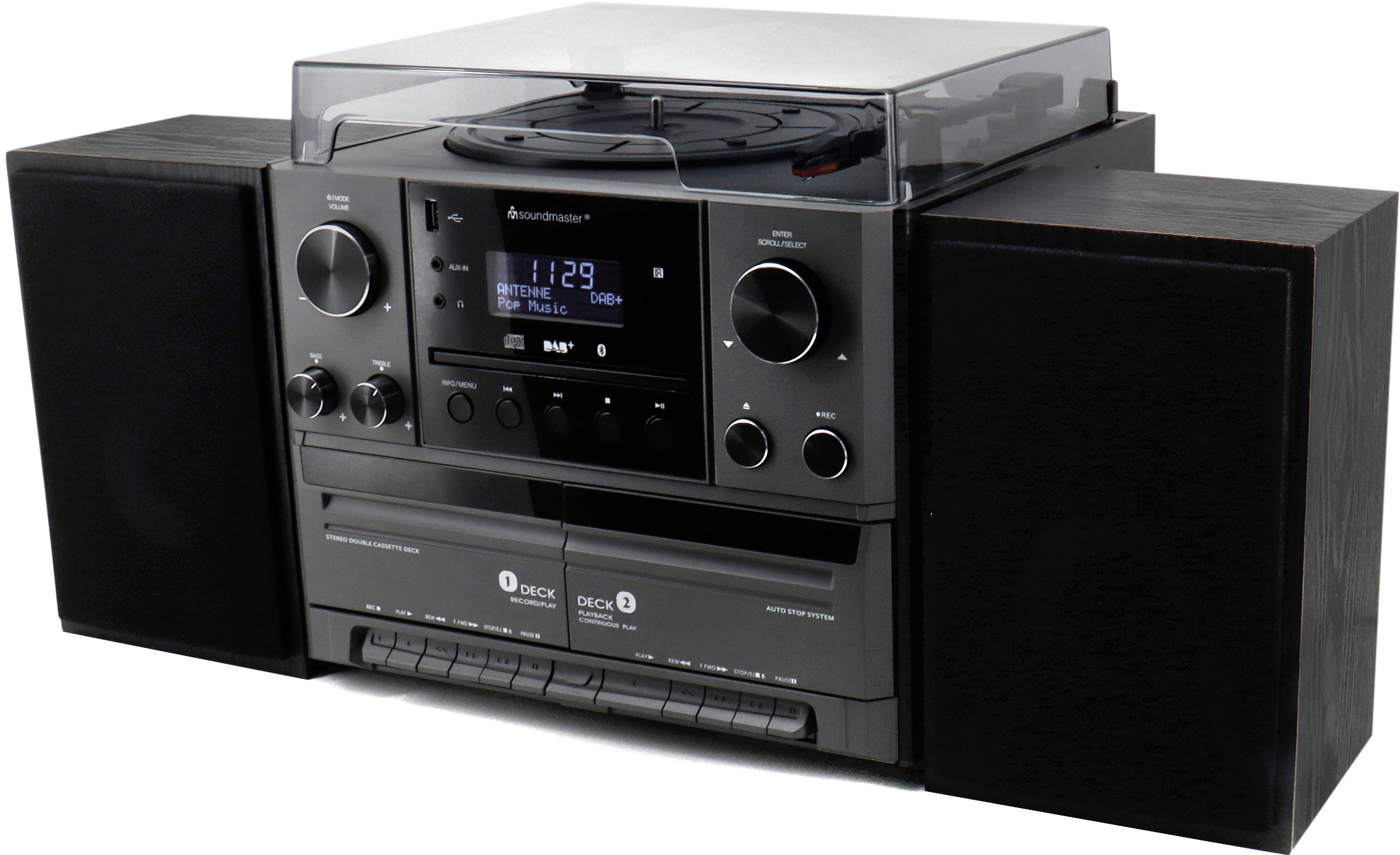 Impianto stereo con giradischi, lettore CD e altoparlanti. Nero e argento.