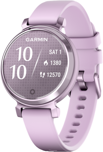 Rózsaszín Garmin okosóra kerek számlappal, időt és aktivitási statisztikákat mutat. Lila szíj.