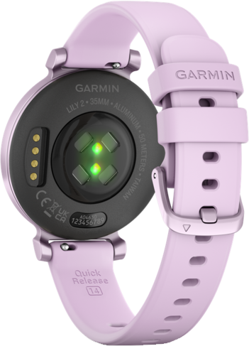 A Garmin Lily 2 óra hátulnézete, a szenzorral és a szíjjal.