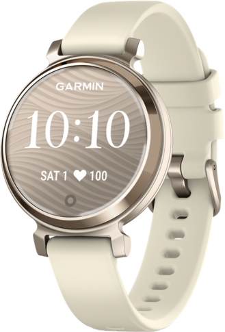 Garmin okosóra kerek számlappal, ami az időt és a pulzust mutatja. A szíj bézs színű.