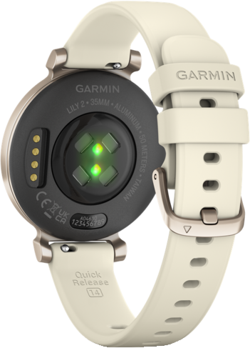 A Garmin Lily 2 óra hátulnézete. Krém színű szíj és fekete óralap.