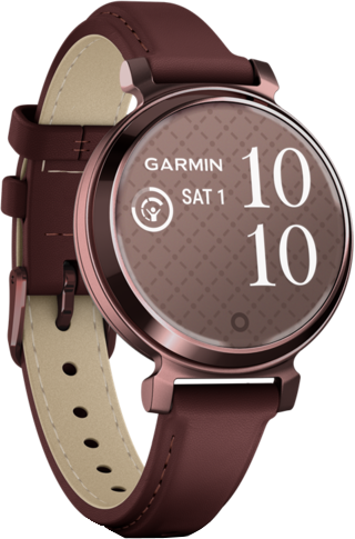 Egy barna okosóra bőrszíjjal, amely az időt és a Garmin logót mutatja.