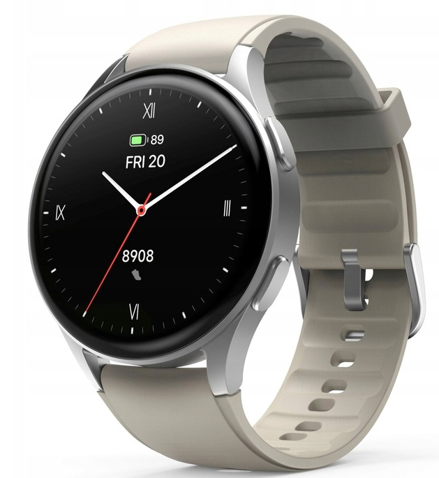 Smartwatch z okrągłą tarczą. Srebrna obudowa i beżowy pasek. Wyświetla godzinę i baterię.