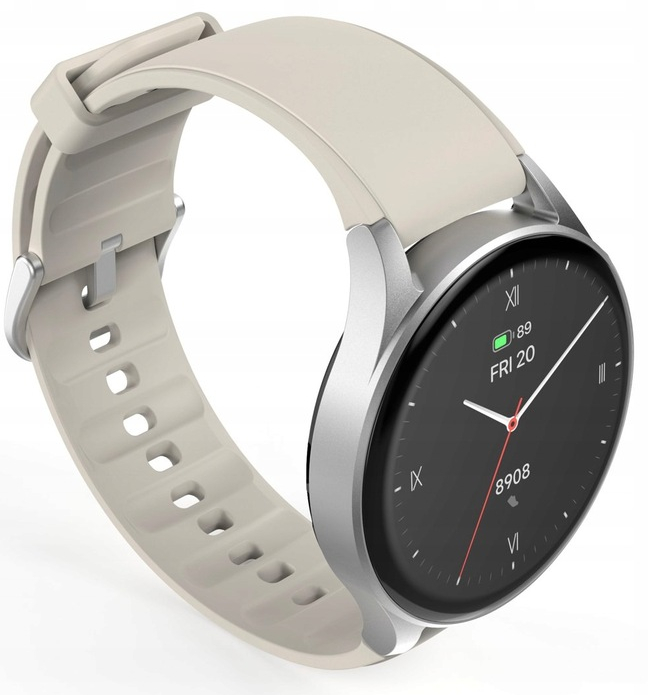 Smartwatch ze srebrną obudową i białym paskiem.
