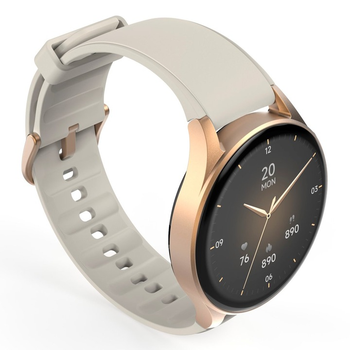 Smartwatch w kolorze różowego złota z białym paskiem. Tarcza wyświetla datę i godzinę. Tło jest białe.