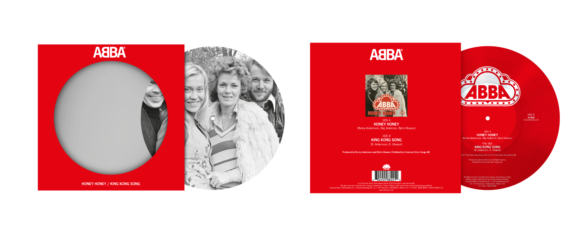 ABBA Albumcover. Roter Hintergrund, Foto der ABBA-Mitglieder. Eine Vinyl-Schallplatte ist sichtbar.