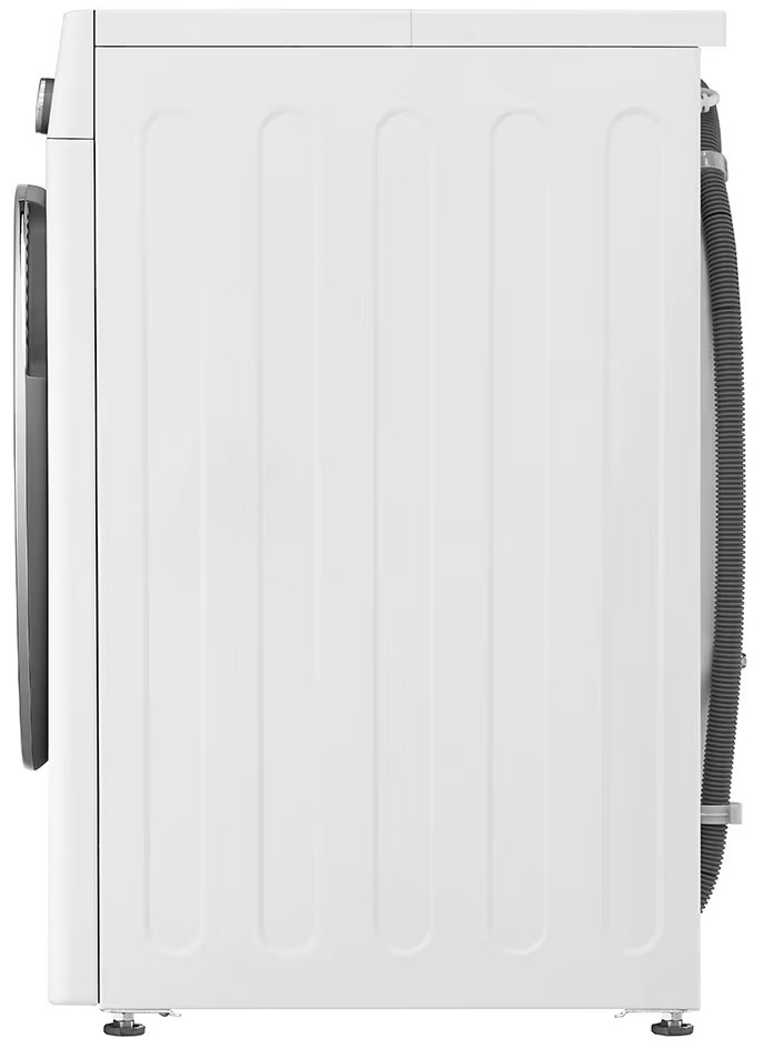 Biała pralka, widok z boku. Pokazuje białą obudowę i tył.