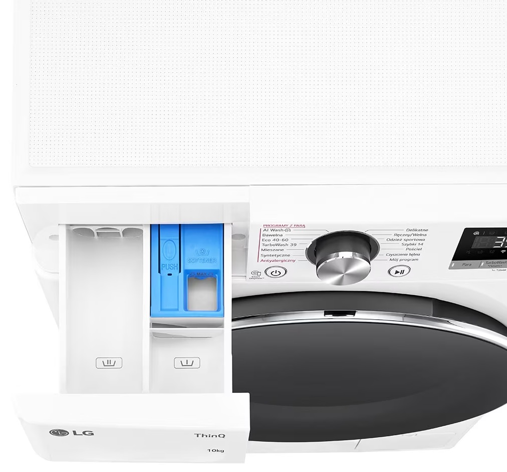 Pralka z otwartą szufladą na detergent. Szuflada jest niebiesko-biała. Maszyna jest biała.