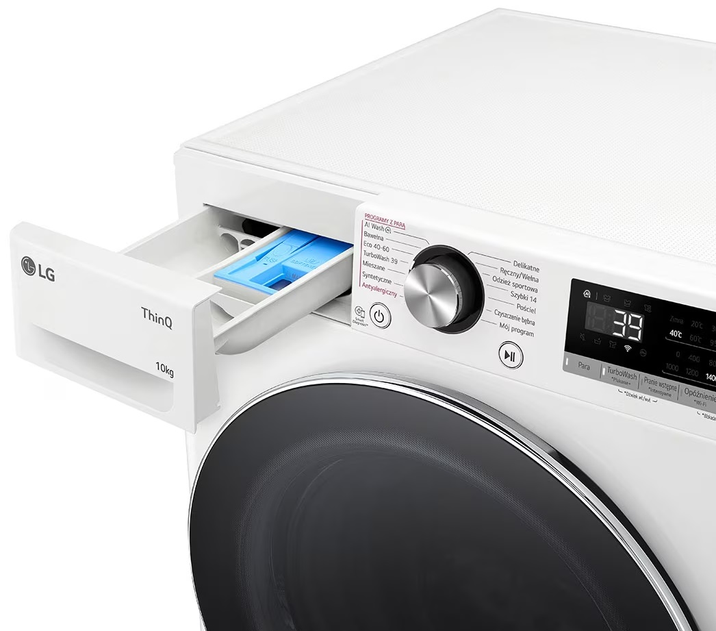 Biała pralka LG z szufladą na detergent otwartą po lewej stronie.