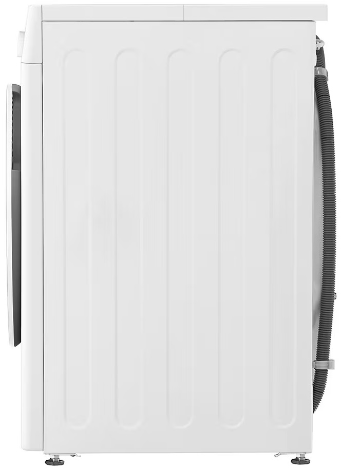 Biała pralka, widok z boku pokazujący żebrowany panel i wąż.