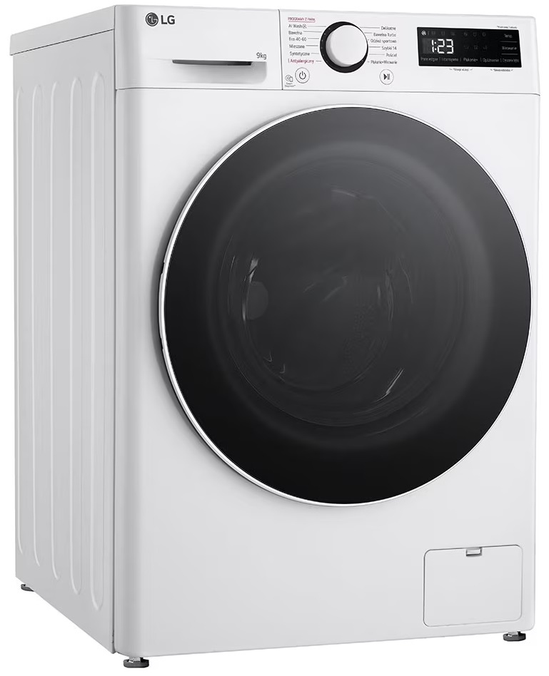 Biała pralka LG. Widok z przodu z czarnymi drzwiami i panelem sterowania. Pojemność 9 kg.