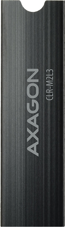 Egy fekete Axagon CLR-M2L3 SSD ház. Függőleges vonalak, fehér Axagon és modell szöveggel.