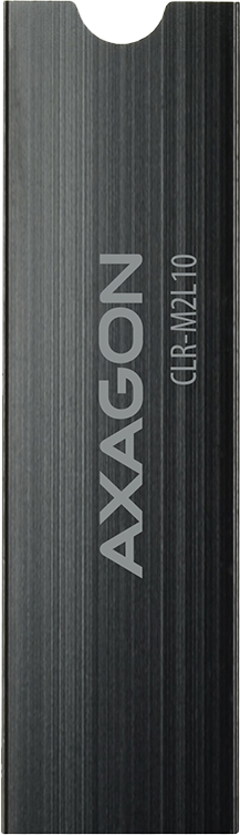 Fekete Axagon CLR-M2L10 SSD ház. Függőleges vonalak, fehér Axagon és modell szöveg látható.