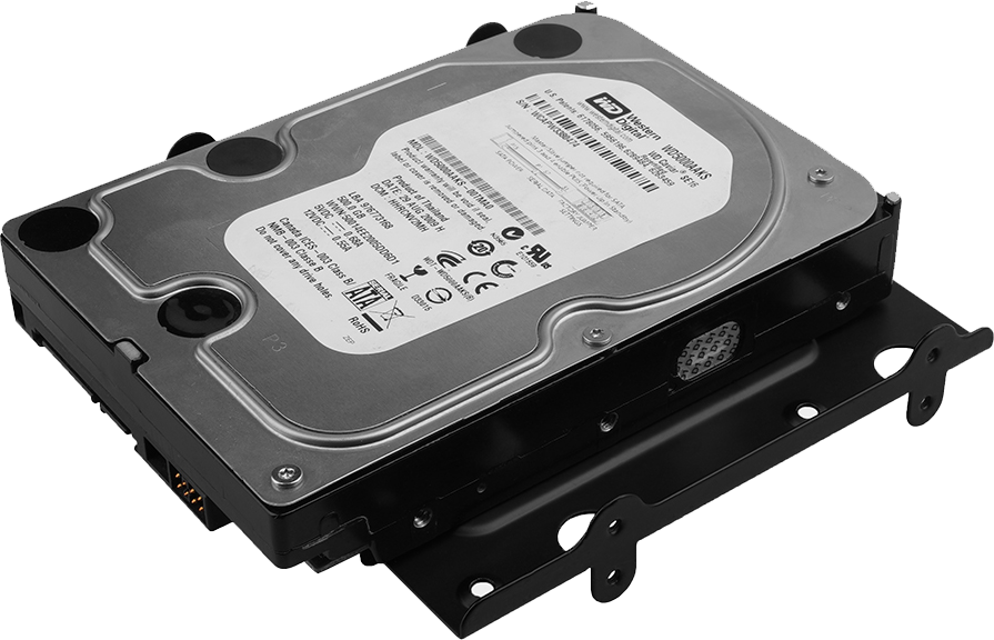 Egy merevlemez egy fekete tartóban. A meghajtón Western Digital címke és csatlakozók vannak.