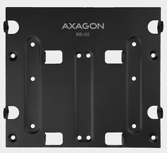 Egy fekete rögzítőkonzol egy eszközhöz, lyukakkal és az "AXAGON" márkanévvel rajta.