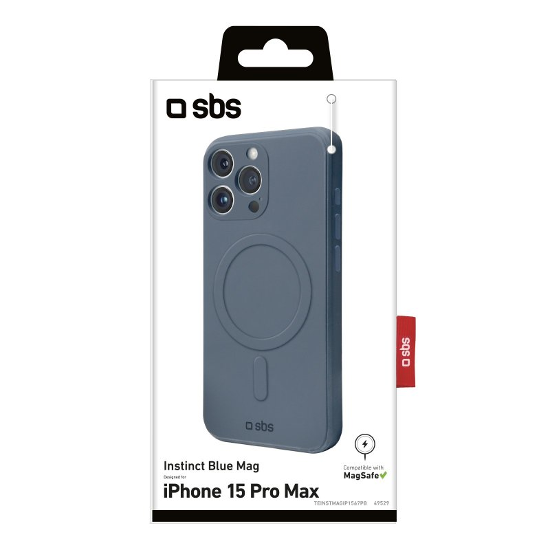 Blaue Handyhülle in Verpackung, MagSafe-kompatibel für iPhone 15 Pro Max, mit Markenlogo.