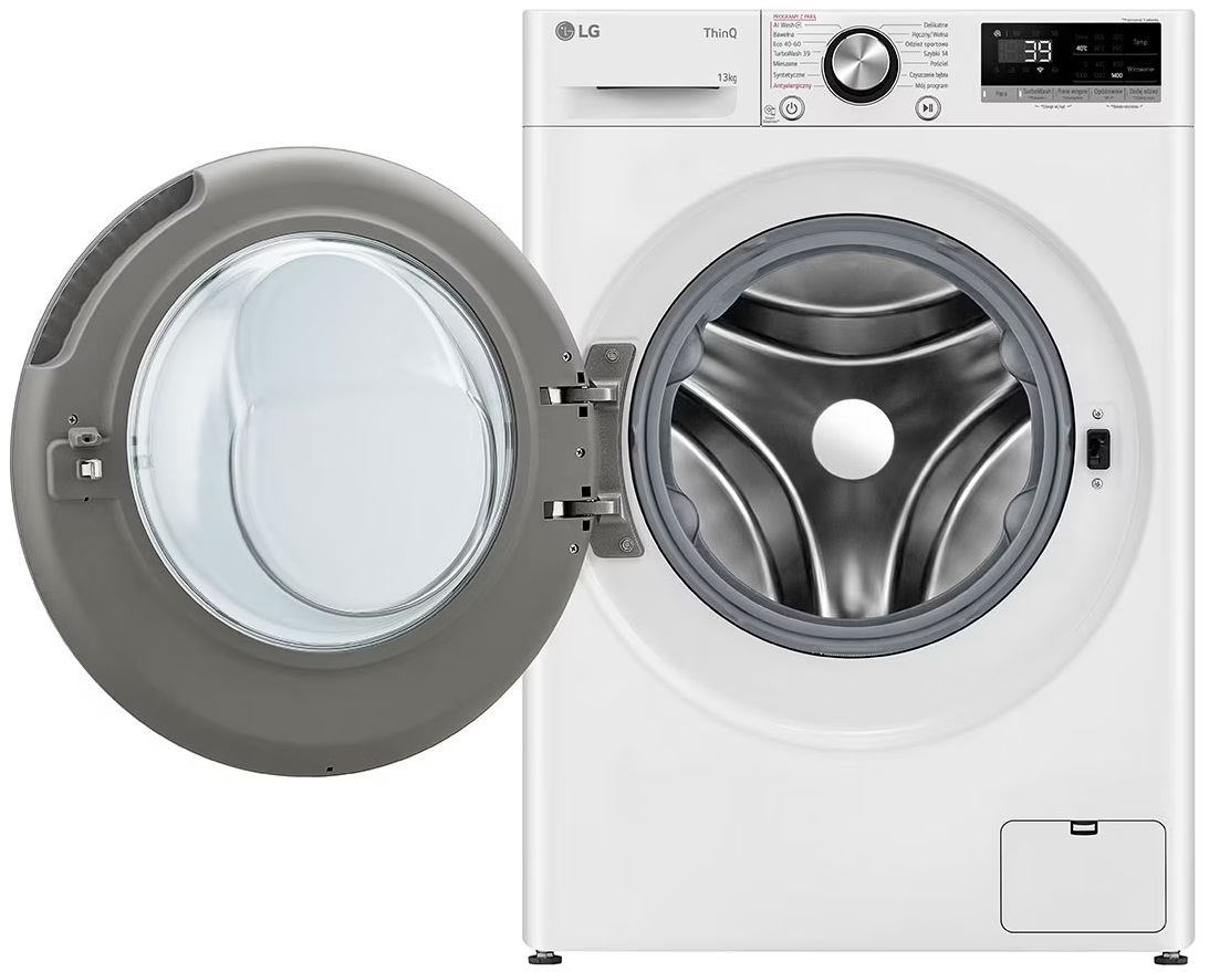Biała pralka LG z otwartymi drzwiami, pokazująca bęben, na białym tle.