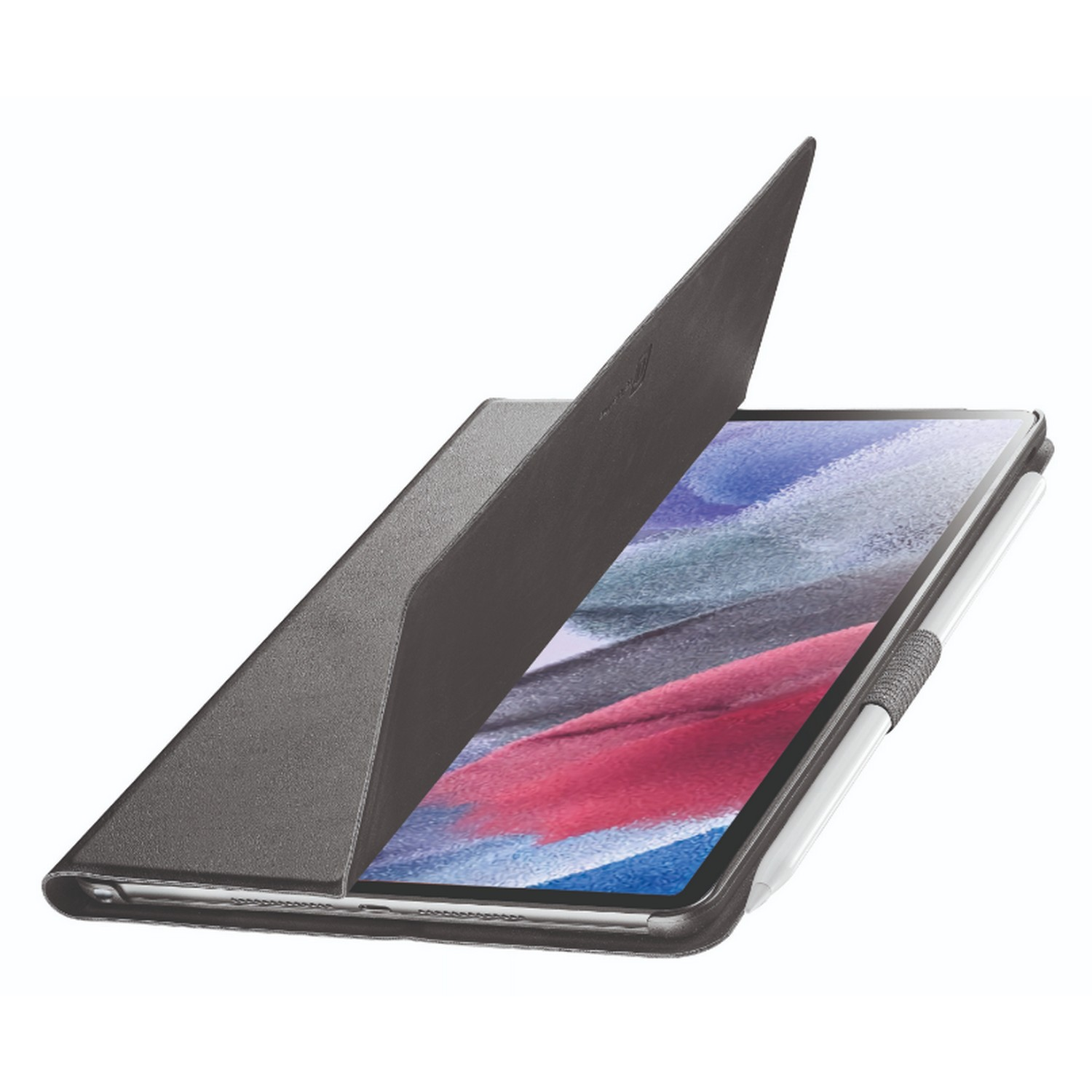 Tablet with a dark cover, open, with a stylus. White background.